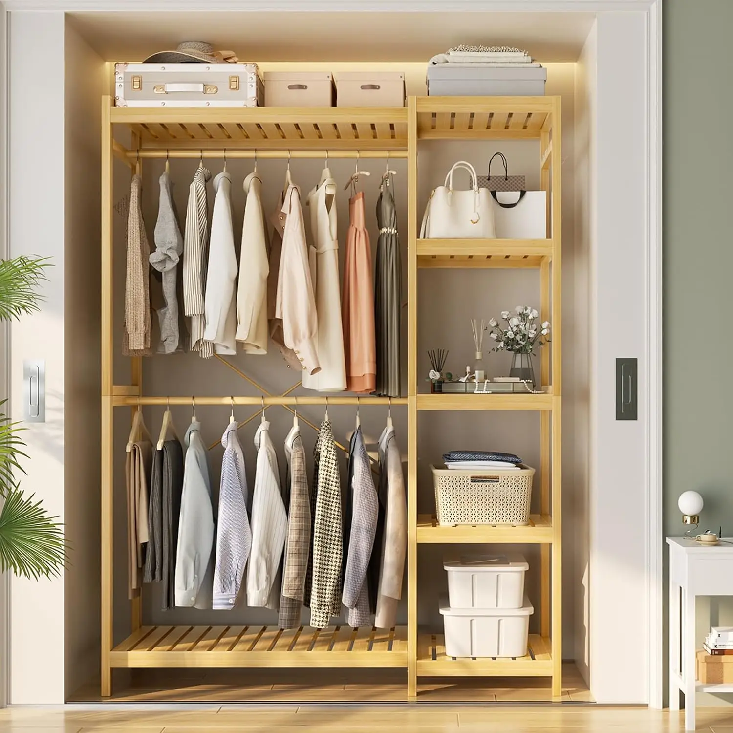 Bamboo Closet System, 41.4” Wide Clothing Rack, 78.8” Tall Freestanding Clothes Rack with 7 Adjustable Shelves, 2 Rods, 4 Hooks, Open Wardrobe Organizer, Wood Garment Rack for Bedroom