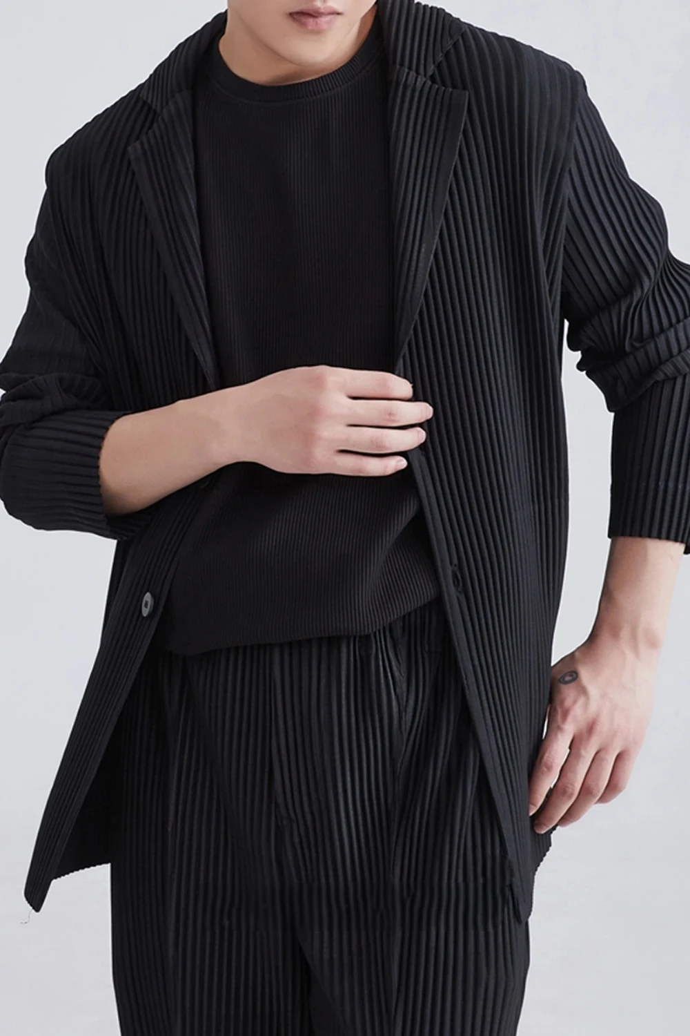 Miyake Pleated Men Blazer Black Slim Fit Stretch Suit Coat Casual Japanese Style Business Daily Wear