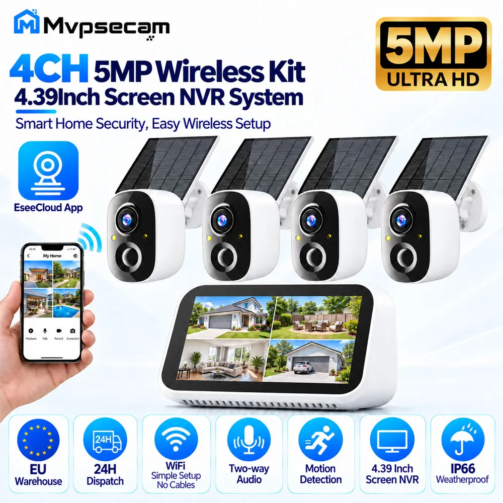 Sistema di telecamere di sicurezza wireless con pannello solare e connessione Wi-Fi, risoluzione 5MP, 4 canali, con NVR dotato di schermo da 4,39 pollici, audio bidirezionale, rilevamento del