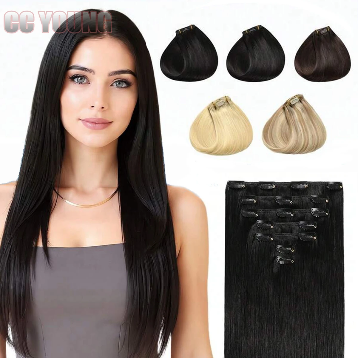 

Clips in Hair Extensions 100% Human Hair Seamless Weft Clip ins Hair Extensions 7Pcs Remy Human Hairpieces Black,Brown,Blonde