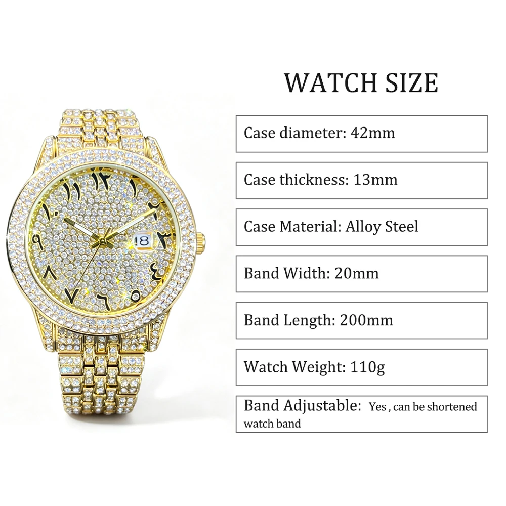 Missfox Luxury Full Diamond Men Quartz Watch GoldBracelet Big Face Arabic Numeral Dial Date Calendar Bling Iced Out Crystal Hip Hop Rapper Business Dress Waterproof Male Wrist Watch Holiday Gift For Men Husband Boyfriend view 8