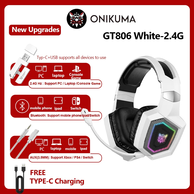 ONIKUMA 2.4GHz Wireless Headset HiFi PcLaptop quality with microphone headphones for gaming Noise cancelling for PC