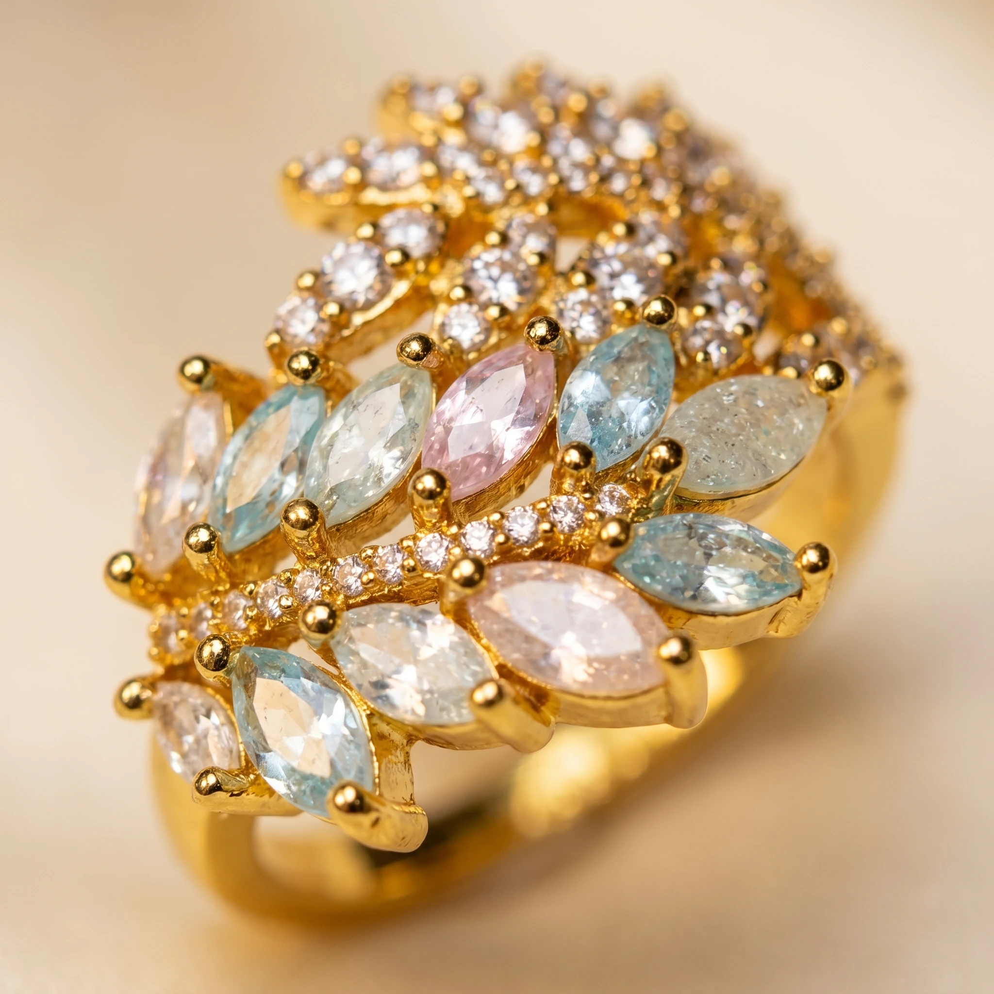 YLMyself Leaf Ring Marquise Cut CZ Pink Blue Gold Color Candy Pastel Floral Swirl Women Statement Cocktail Jewelry