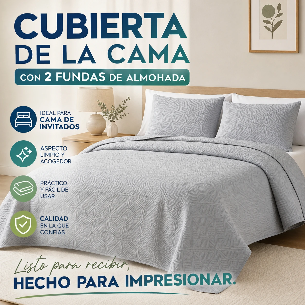 Couvre-lit en polyester Bouti avec 2 taies d'oreiller, style nordique, respirant, texture 3D en relief, disponible en 180x270cm, 235x270cm et 250x270cm