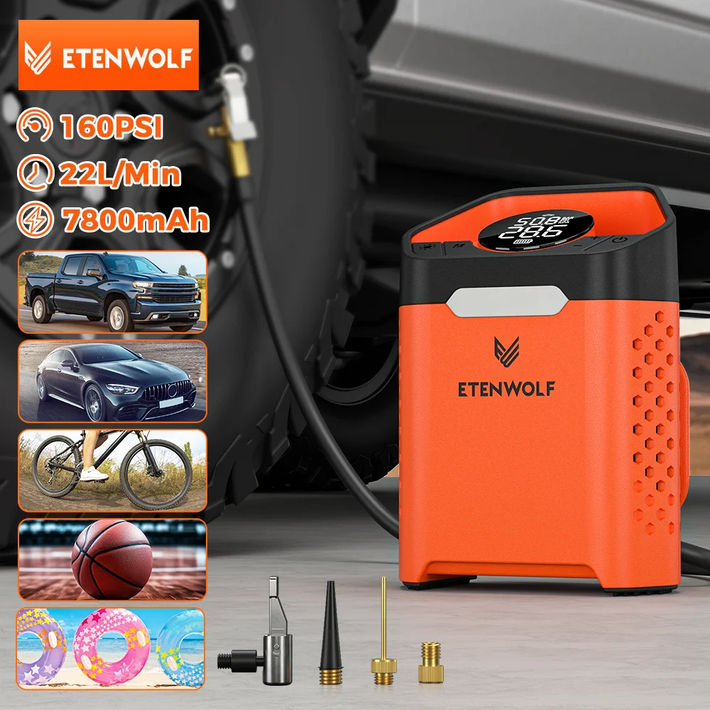 

ETENWOLF ZEPHYR V3 Portable Car Compressor 160 PSI 100% Duty Cycle Car Tire Inflator 7800mAh For Cars Motorcycles Bicycles（New）