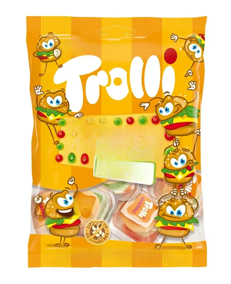 Mini Hambúrgueres Trolli com Sabores Diferentes, Feijão Gelado Independente, Morango, Kiwi, Abacaxi,