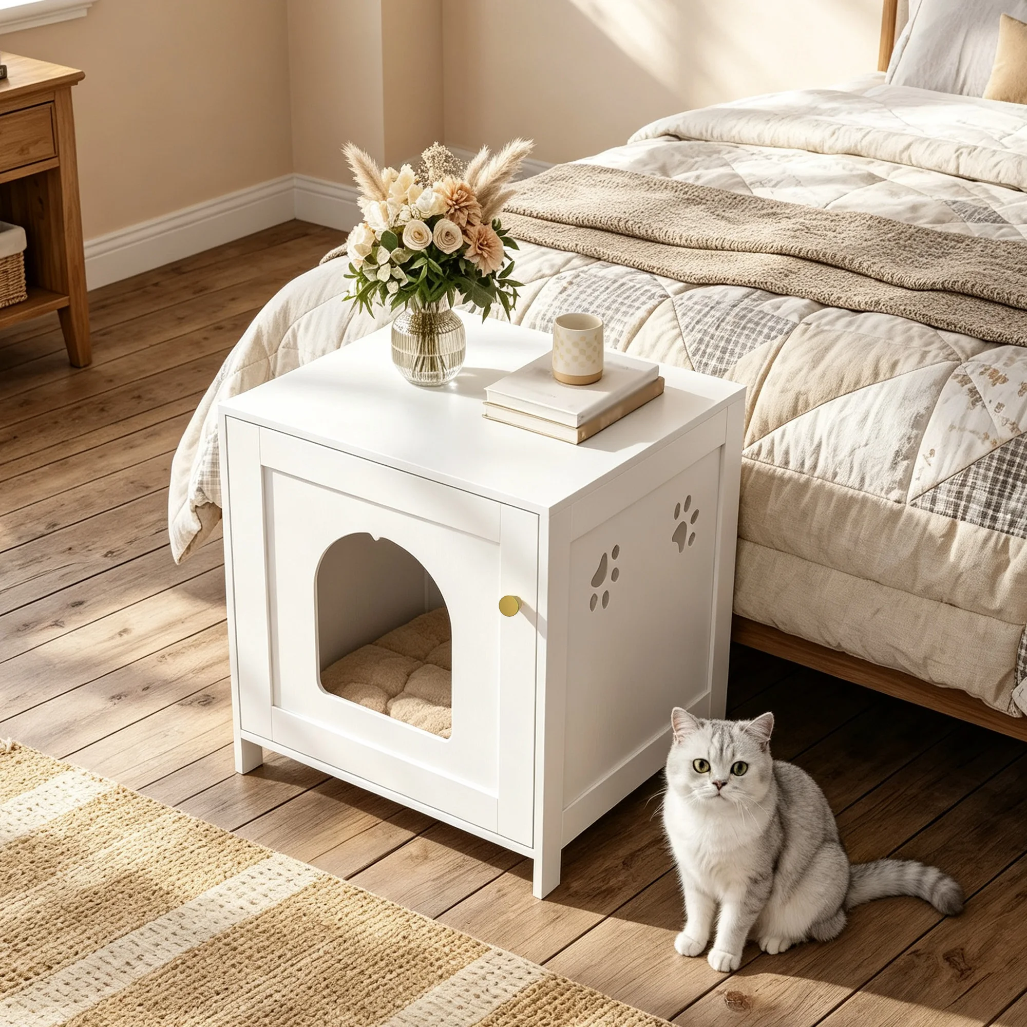 Mobile per gatti, mobile contenitore per lettiera, lettiera bianca, 47 x 53 x 52 cm, mobile contenitore con panca, mobile in legno per la zona lavanderia dei gatti, per soggiorno, camera da letto.