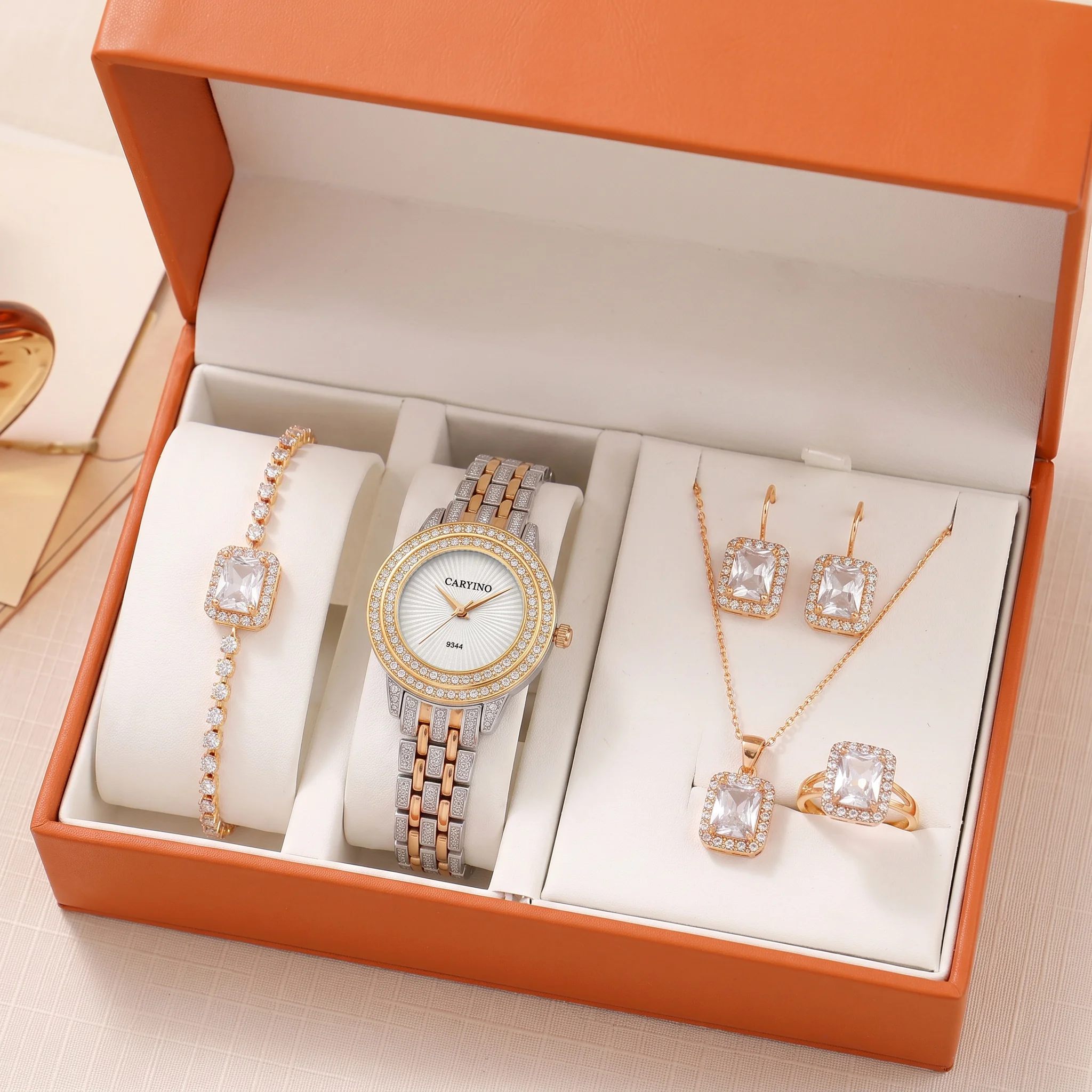 Set di gioielli da donna con orologio al quarzo, 4 pezzi: orologio da donna, cinturino in metallo, collana, orecchini e bracciale, confezione regalo, ideale come regalo per compleanni, Natale o San