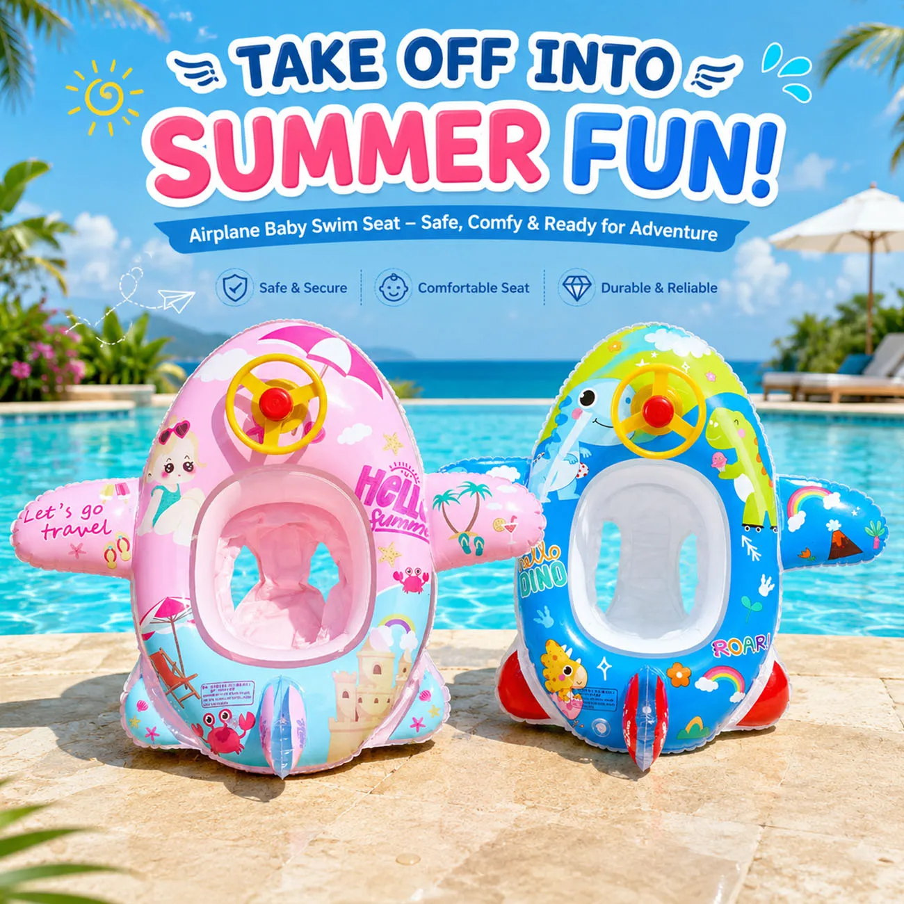 1PC Inflatable Airplane Ride On Pool Float Seat Steering Wheel Swimming Ring Durable PVC Summer Floating Pool Party