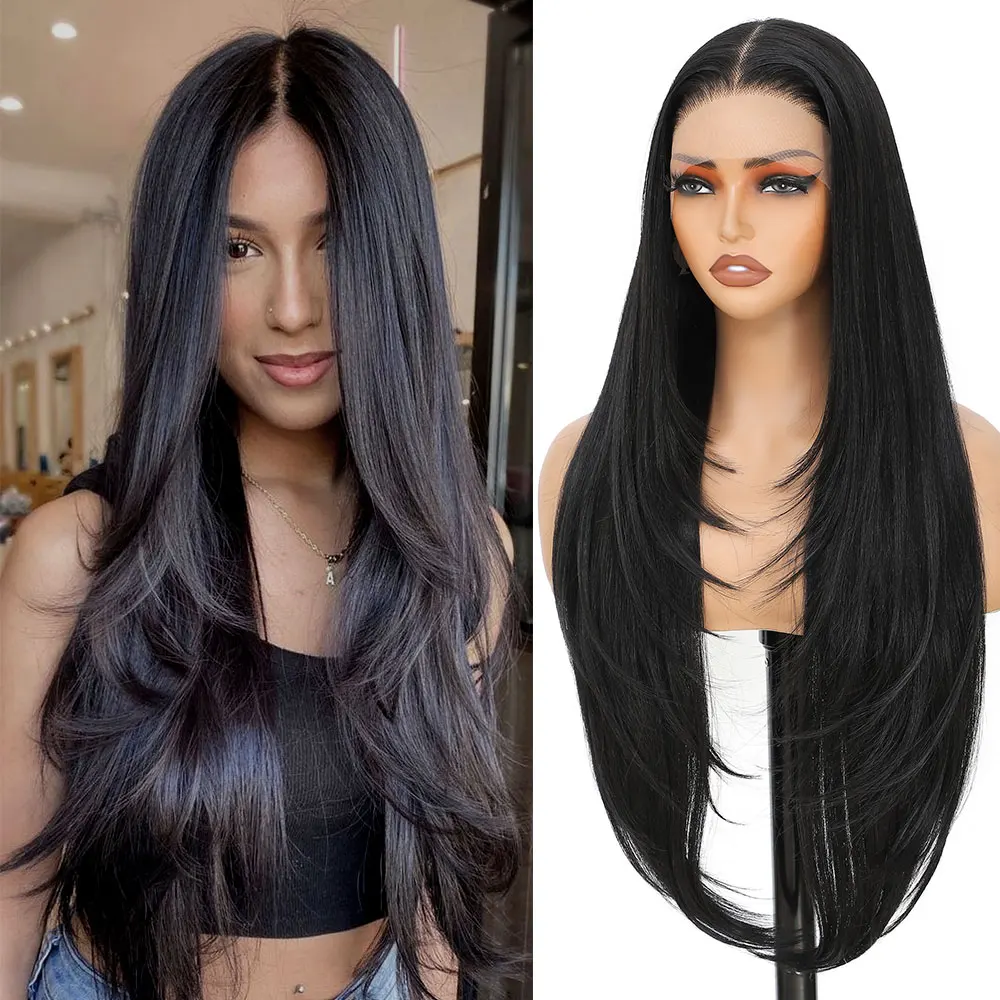 

13X4 Прямые парики фронта шнурка 30-дюймовые синтетические высокотемпературные волокна Ombre Коричневые яркие кружевные фронтальные парики Косплей Парик