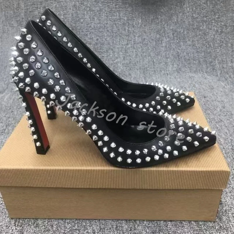 Black Rivet Pointed Toe Women Shoes Designer Pointed Toe Super High Heel Slip On Party Female Dress Shoes Comfort Office Shoes