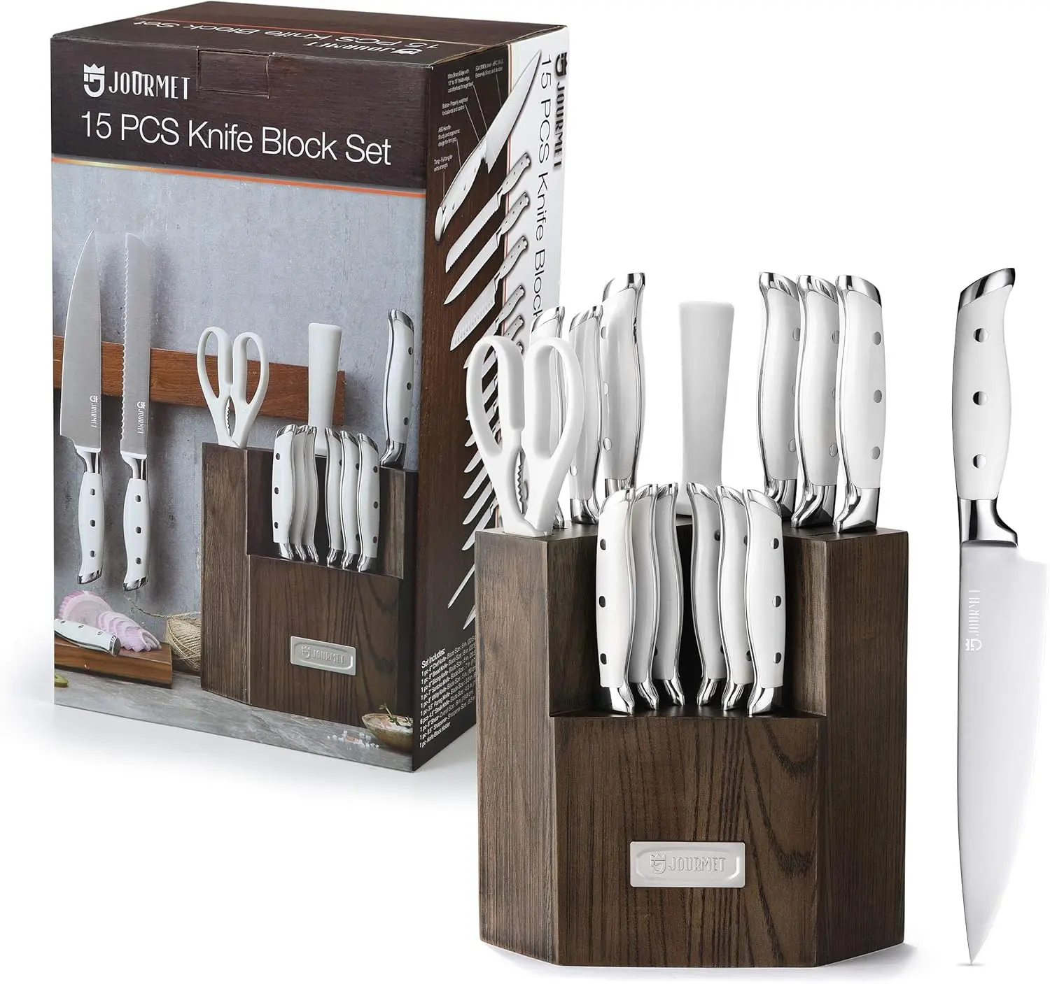 15PC Knife Block Set, High Carbon Stainless Steel Blade with Block and Knife Sharpener