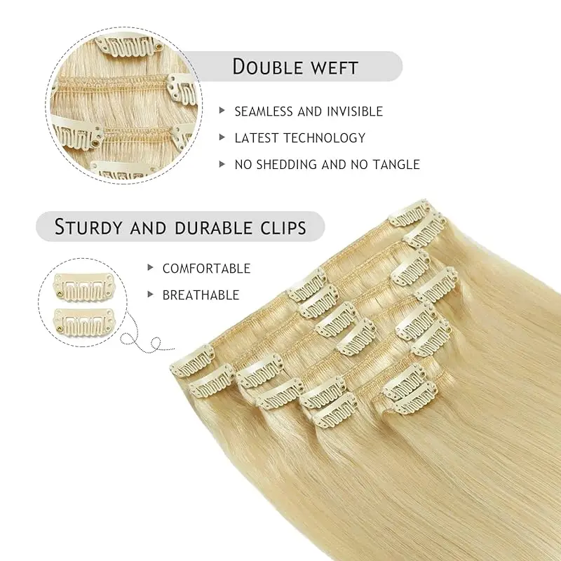 Remy Straight Clip Em Extensões De Cabelo, Cabelo Humano Real, Bleach Blonde, Premium Cabelo Grosso, #613, 8Pcs