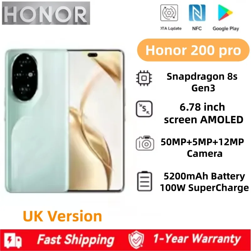 Honor 200 Pro Global Version Snapdragon 8s Gen 3 5G SmartPhone 6.78inch AMOLED Screen 5200mAh 100W Supercharge 50MP
