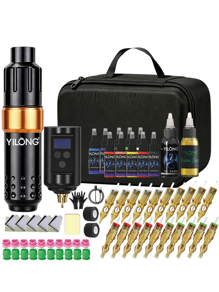 YILONG Wireless Aluminum Alloy Tattoo Machine Kit Complete, 10000Rpm CORELESS MOTOR Rotary Tattoo Gun, 7 Hour Battery Life, 20 Cartridge Needles, 10Ink, Extra 30ML BLACK Ink, 30ML Green Soap, Full Tattoo Supply Equipment For Tattoo Artist