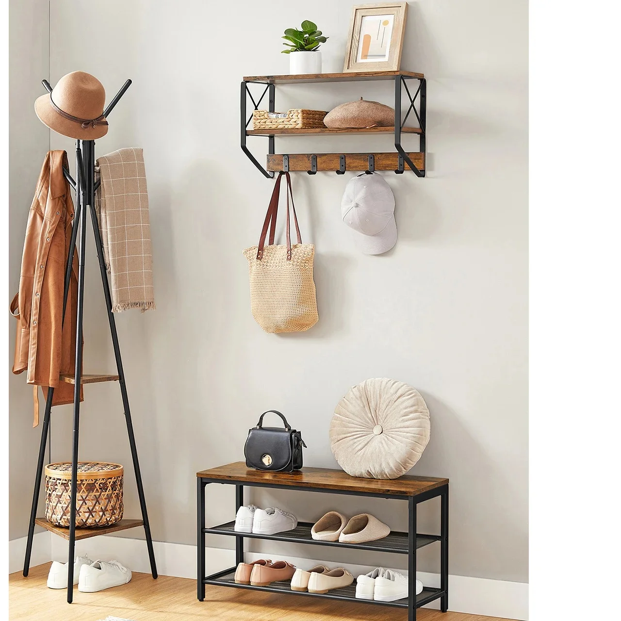 VASAGLE Shoe Bench, 80 x 30 x 44.5 cm, 2 Tier Mesh Shoe Cabinet, Shoe Storage, Hallway, Metal, Industrial Style