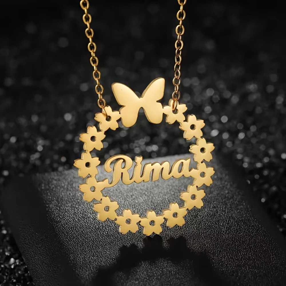 Custom Floral Wreath Butterfly Name Necklace Stainless Steel Personalized Nameplate Jewelry Gift for Her Birthday Holiday