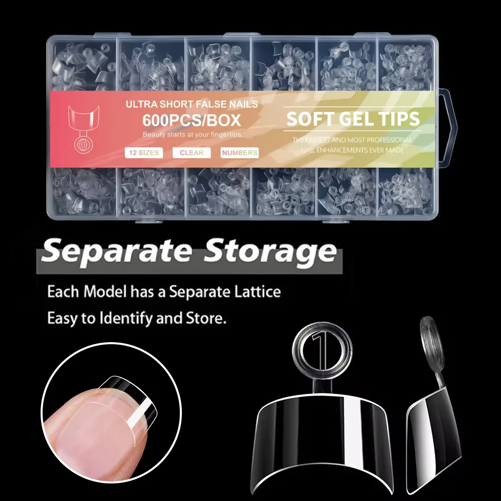 600 szt. Ultra Krótkie Miękkie Żelowe Sztuczne Paznokcie, 12 Rozmiarów Przezroczyste Paznokcie Pełne Pokrycie do Samodzielnego Zdobienia Paznokci i Profesjonalnego Salonu