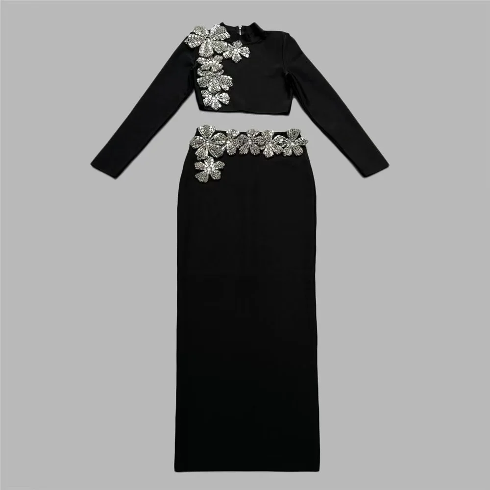 Autumn new black fashion diamond bandage set elegant long sleeves short top half high collar long skirt two-piece set for women