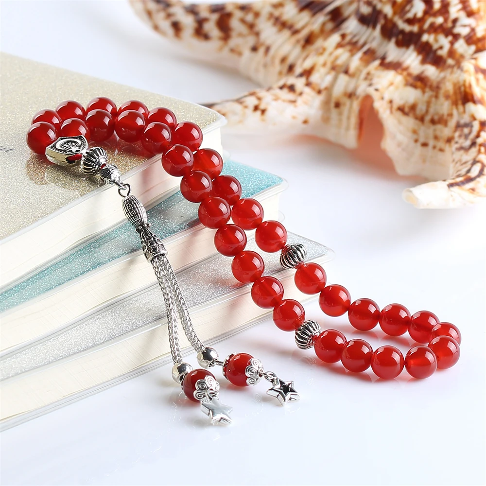 

Натуральный красный агат Tasbih, драгоценные камни, misbaha, мусульманский Adha eid gift мусульманские аксессуары 33 бусины, браслет, четки, бусины