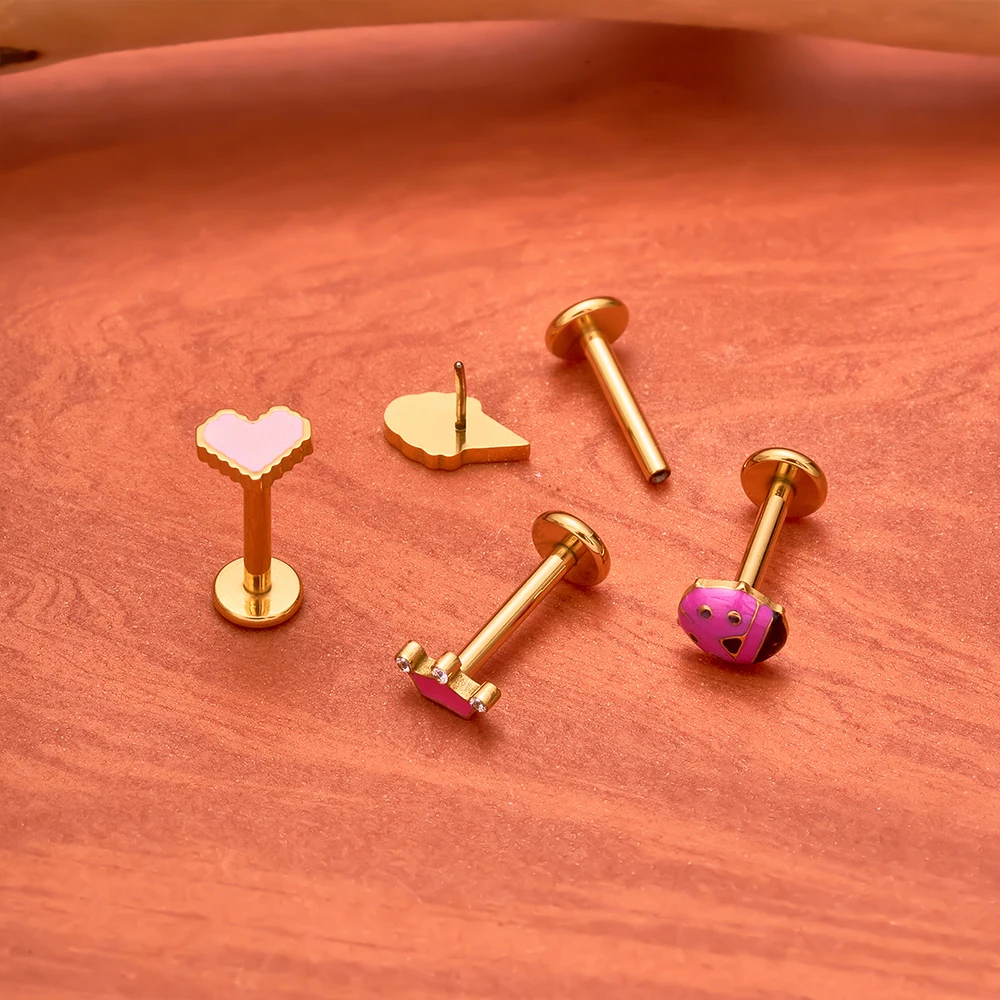 ASTM F136 التيتانيوم Threadless Piercing16G/18 جرام/20 جرام شكل قلب زهرة دفع دبوس Labret الشفاه الدائري مسمار ثقب القرط مجوهرات