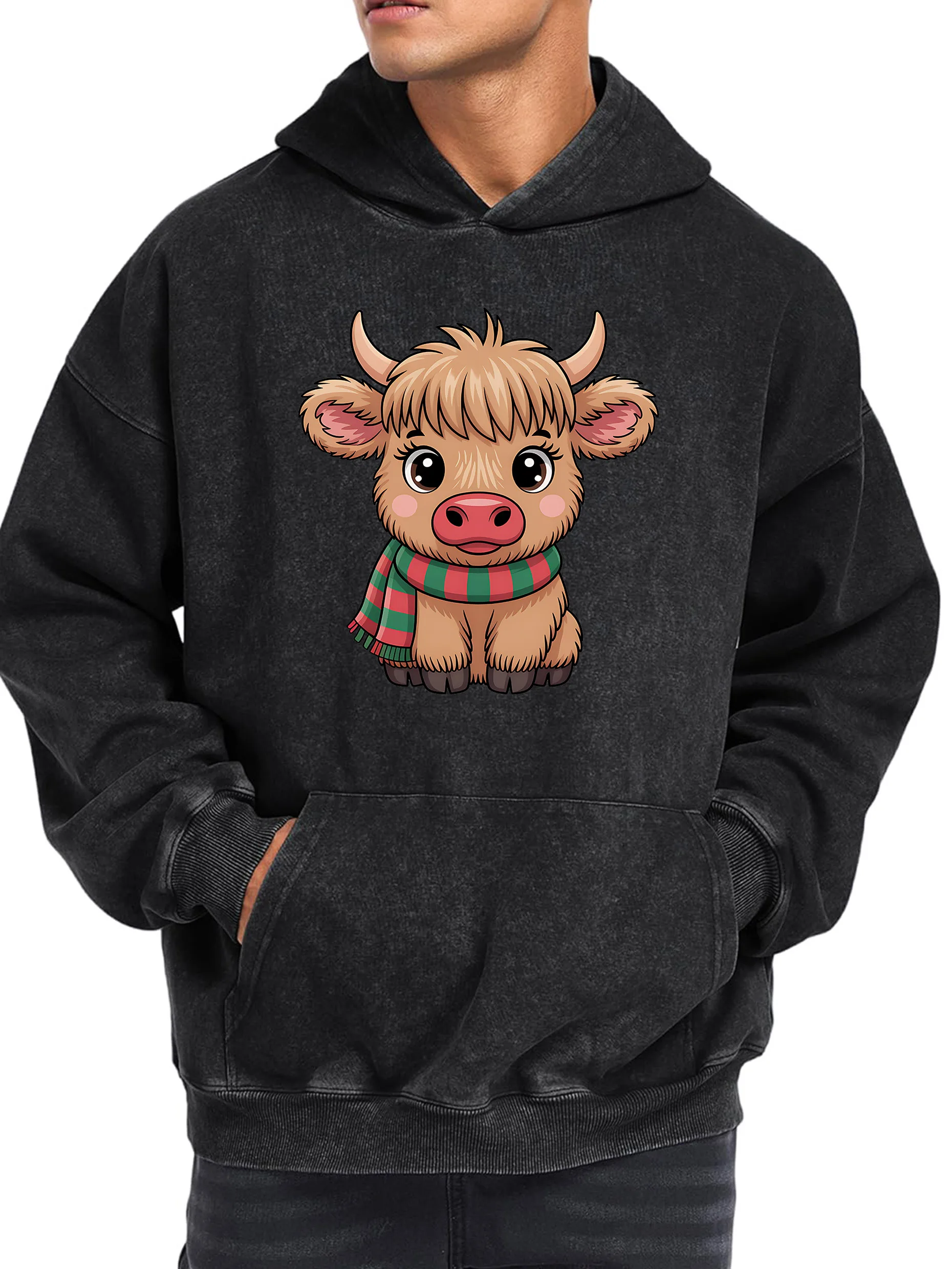 

400 г Мужская толстовка с капюшоном с рождественским принтом теленка в стиле ретро, стираная толстовка с длинными рукавами, которую можно стирать в машине, мягкая