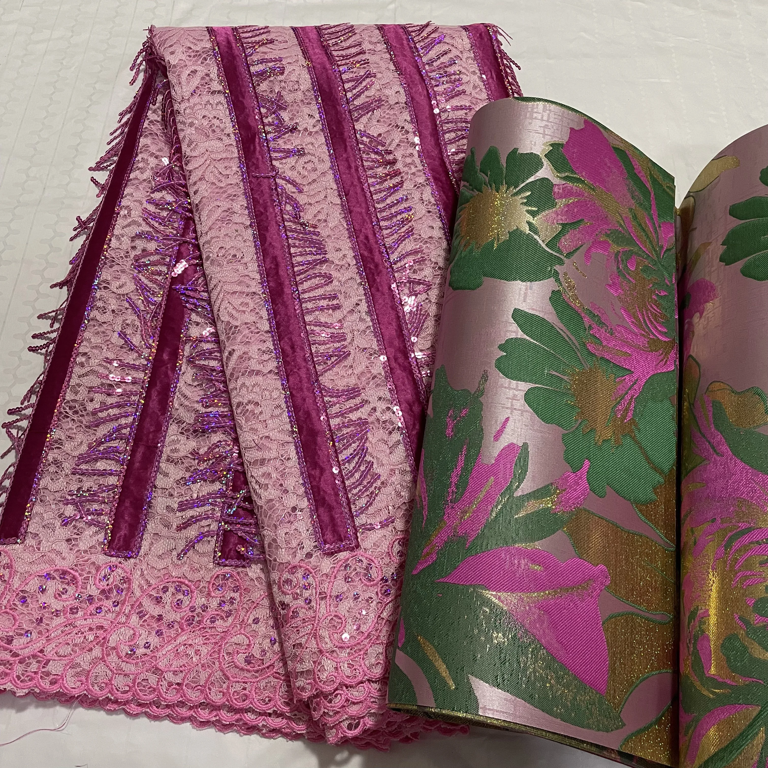 Luxury Pink Lace Fabric with Sequins 5 Yards Embroidery Guipure French Lace Material with 3D Sego Headtie Wrap 2PCS for 2025