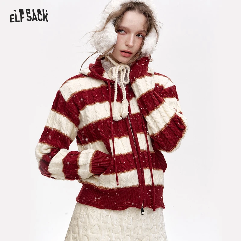 

ELFSACK 2024 Winter New Arrivals Hooded Zipper Cardigan Christmas New Year Red and White Striped Embroidered Sweater Women