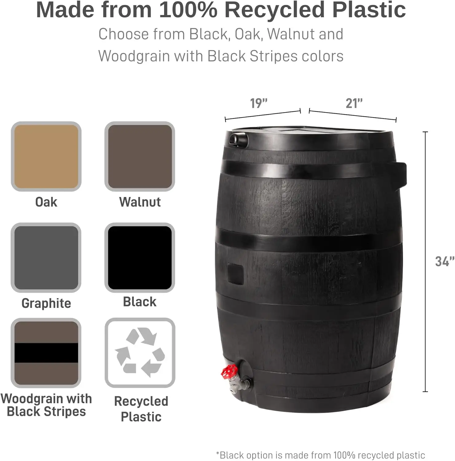 50-Gallon ECO Rain Water Collection Barrel Made with 100% Recycled Plastic Spigot, Black