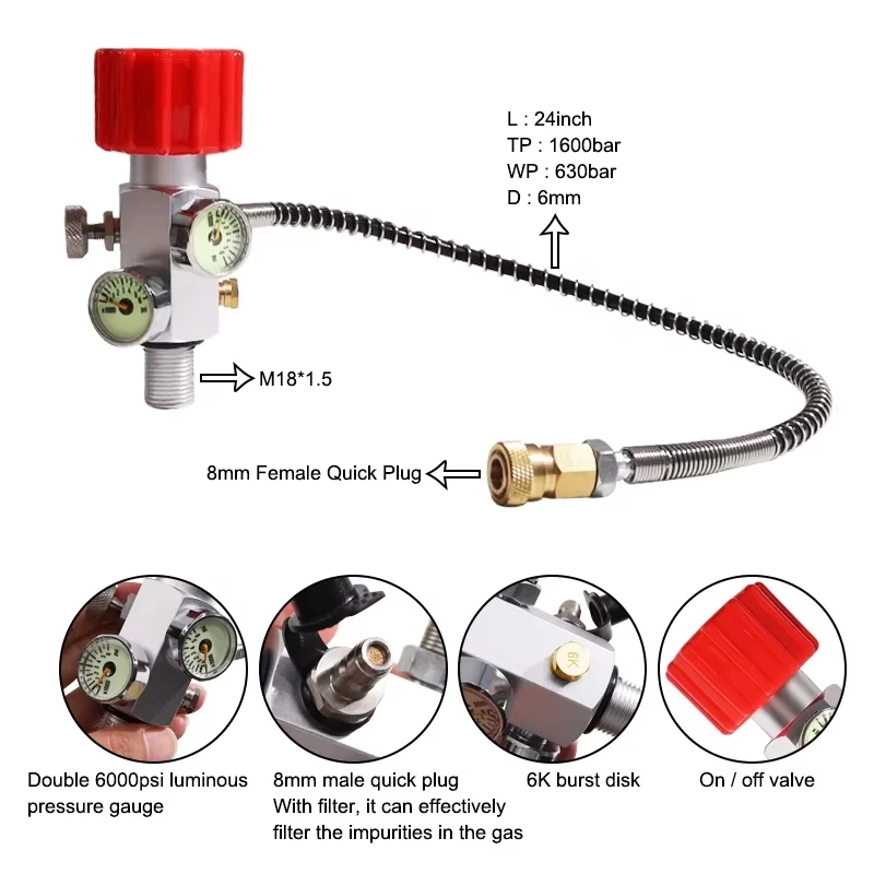 ACECARE HPA 4500Psi 300Bar Fill Station Charging Valve Dual Gauge Up to 4500psi with 24" Inch High Pressure Hose