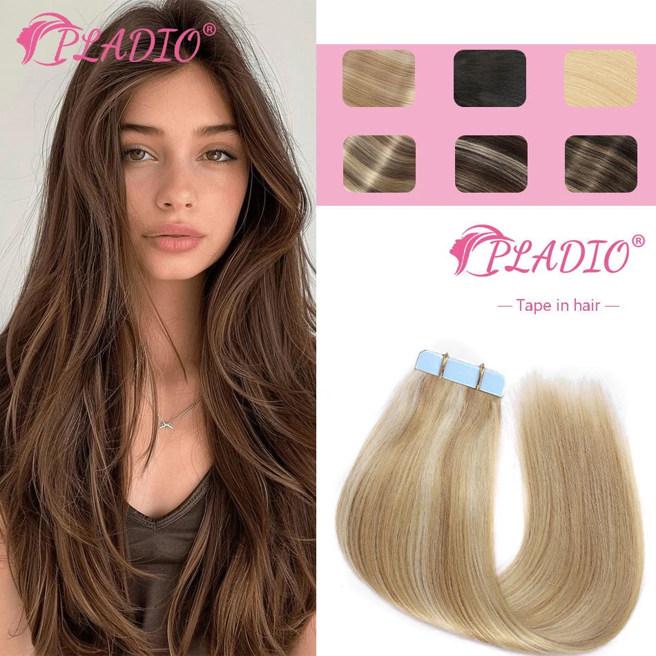 PLADIO Tape In Hair Extensions 100% Human Hair Natural Hair Brazilian Straight Blonde Skin Weft Adhesives Remy Hair Extension