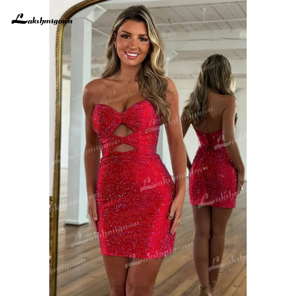 

Sexy Glitter Stylish Bodycon Strapless Sweetheart Lace Up Short Homecoming Dresses with Keyholes Customized vestidos de festa