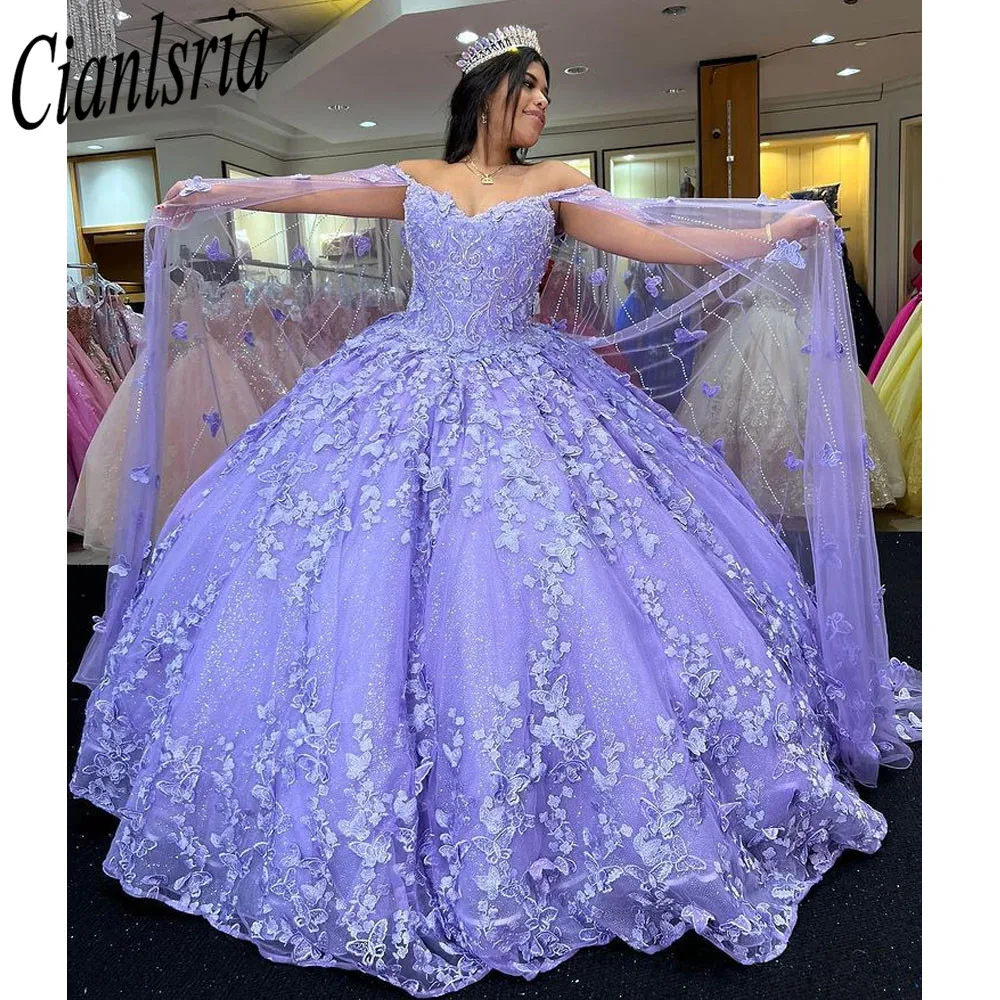 Vestido de mariposa púrpura para quinceañera, escote corazón con capas, 15 16, 2022