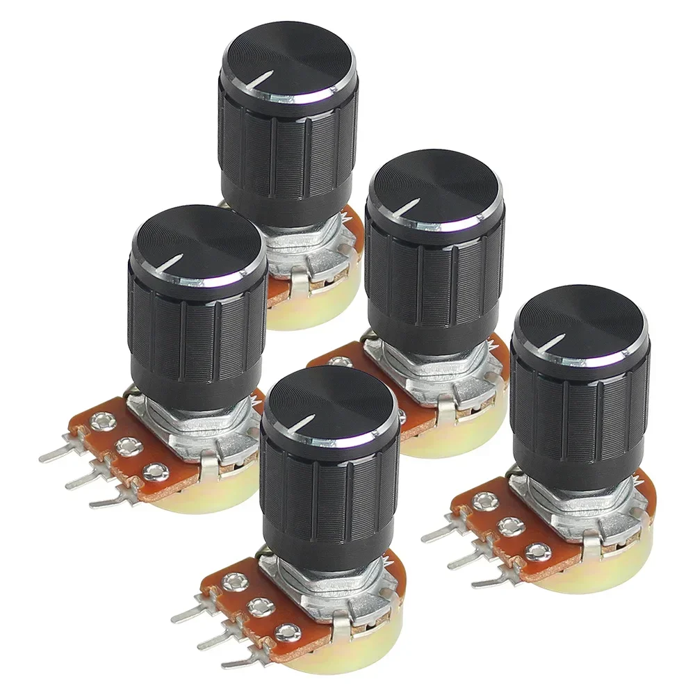 5 jeux de potentiomètres linéaires WH148, 15mm, 3 broches, 1K 2K 5K 10K 20K 50K 100K 250K 1M, avec capuchon de bouton en alliage d'aluminium noir, Kit de potentiomètre