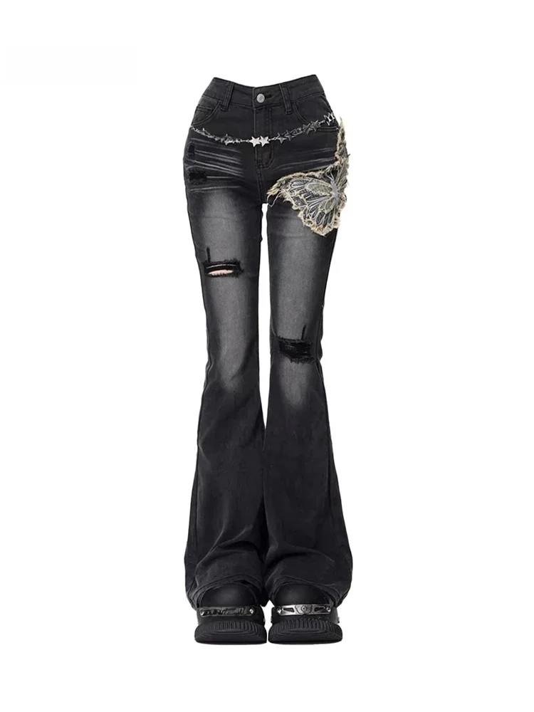 Kobiety Koreański Grunge Dark Academia Gyaru Low Rise Damage Denim Flare Pants Y2k Japanese Harajuku Long Trousers Jean Bell Bottoms — zdjęcie 2