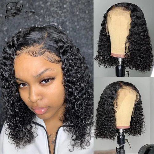 Imagen 2 del producto Pelucas de cabello humano con frente de encaje Bob de onda profunda, peluca Bob corto 13x4 4x4, pelucas frontales de encaje, cabello humano rizado brasileño negro prearrancado