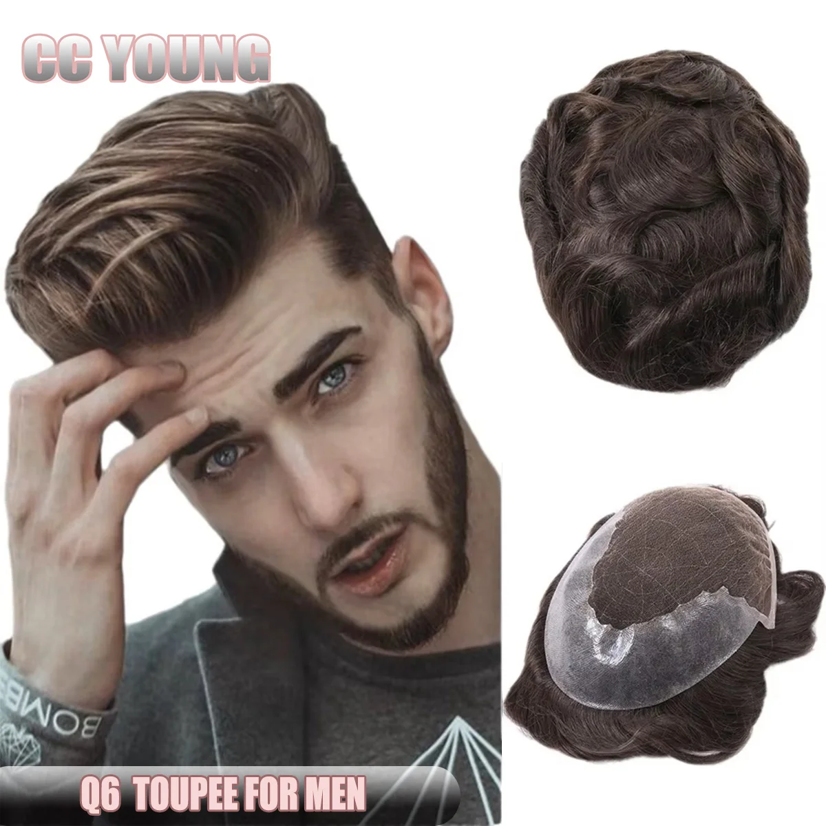 Men's Toupee Human Hair Replacement System Q6 French Lace Center Thin Skin Back&side Natural Look Human Hair Prosthesis for Male