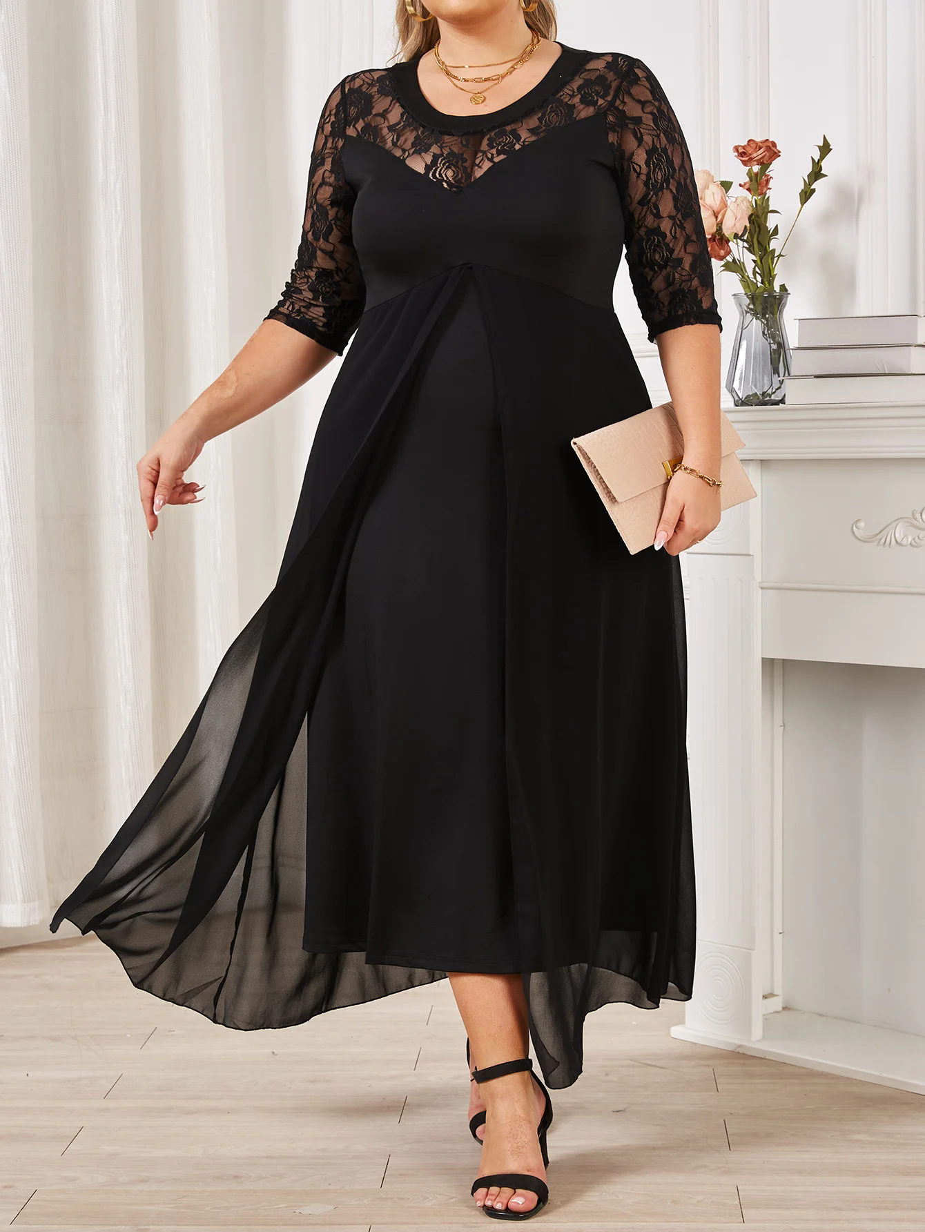 Summer Black Long Dress Female Lace Patchwork See Through Sexy Elegant and Pretty Women\'s Dresses Plus Size Women Clothing