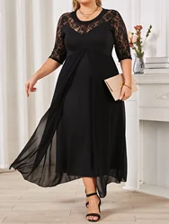 Summer Black Long Dress Female Lace Patchwork See Through Sexy Elegant and Pretty Women's Dresses Plus Size Women Clothing