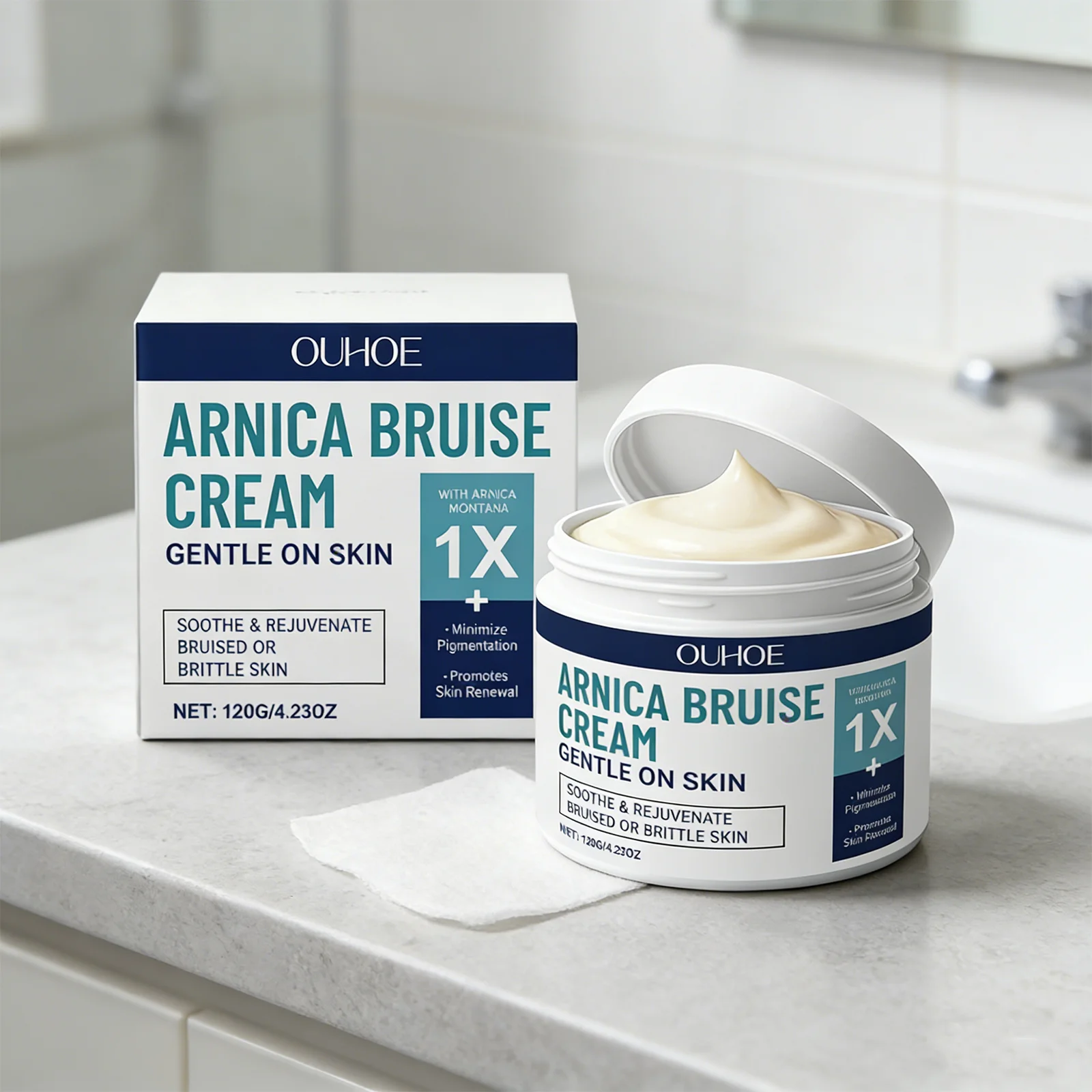 OUHOE 120G Crema de Árnica para Hematomas, Reduce las Marcas, Ilumina la Piel, Fórmula Suave, Hidratación Duradera, Fácil de Aplicar