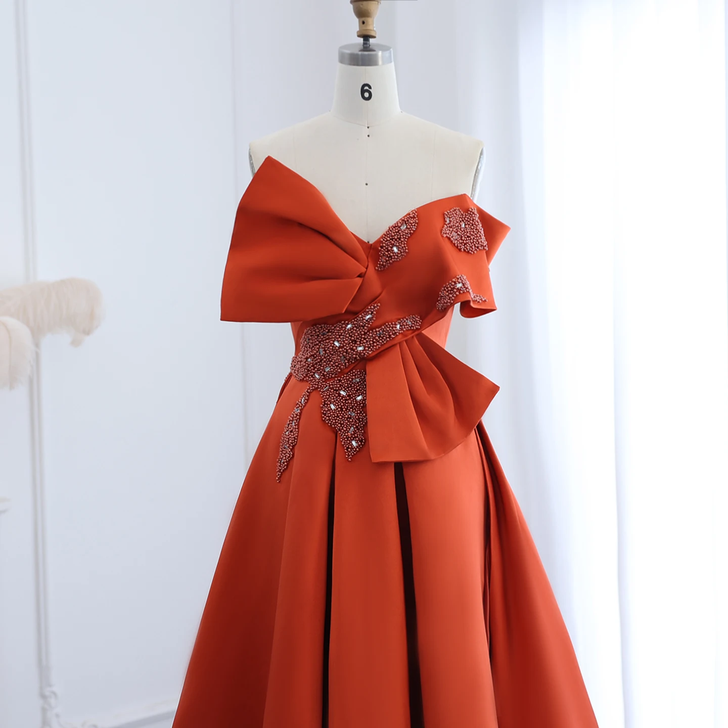Sharon Said Luxury Orange Satin Dubai Evening Dress Off Shoulder Short Front Long Back for Wedding Party Gowns SS338 Customized