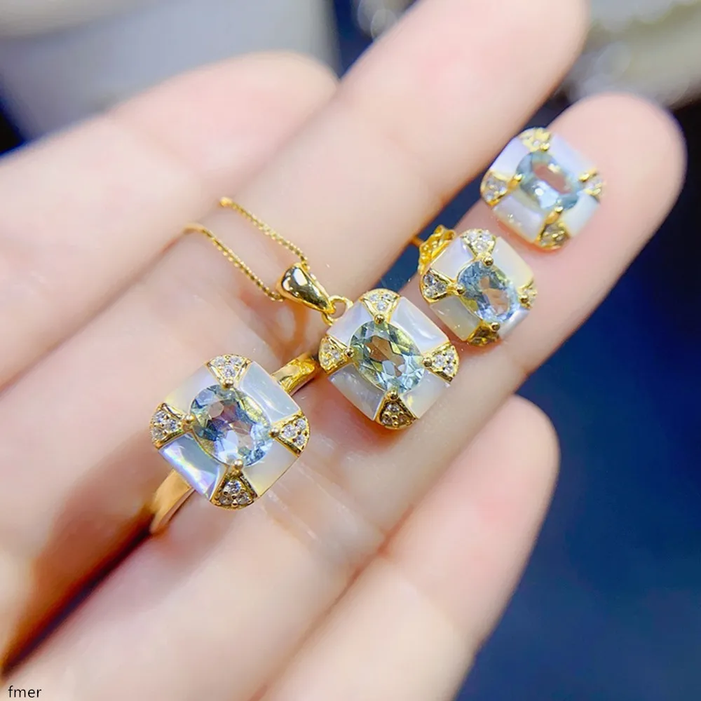 KJJEAXCMY Boutique Jewelry 925 Pure Silver Plated 18k Gold Women's Shell Natural Sea Blue Gem Ring Pendant Necklace Earnail Set