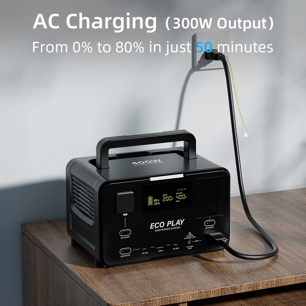 ECO PLAY Central eléctrica portátil, EP400 256 Wh, batería LiFeP04 con 2 salidas de CA de 400W (800W) para acampar al aire libre, RV y hogar