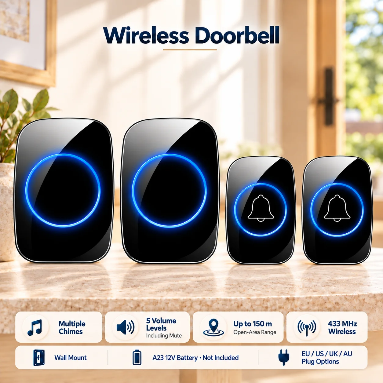 Wireless Doorbell Welcome Door Bell Chime Remote Transmission Smart Home One Click Emergency Security Alarm US EU UK AU Plug
