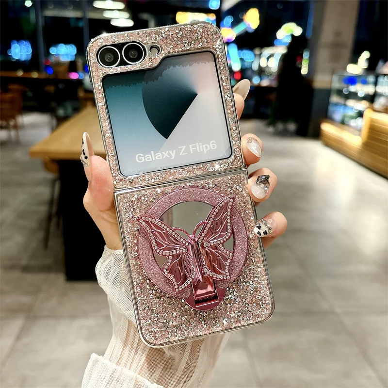 Luxury Flash Diamond Metal Butterfly Flip Makeup Mirror phone case for Samsung Z Flip5 zflip6 3 4 5G fashion stand shock cover