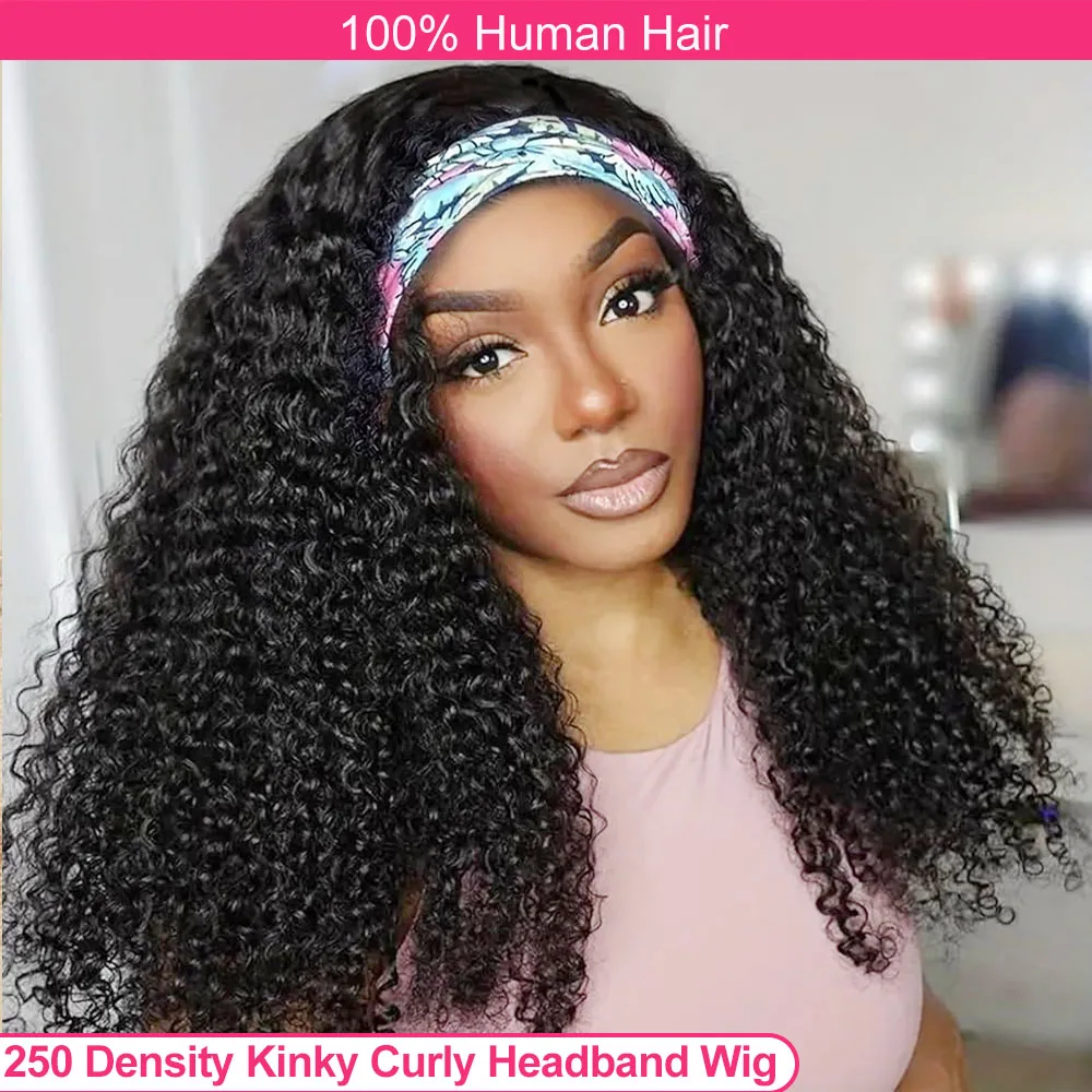 250 Density Afro Kinky Curly Headband Human Hair Wig Brazilian Deep wave Headband Wigs Glueless None Lace Front Wig Scarf Wigs