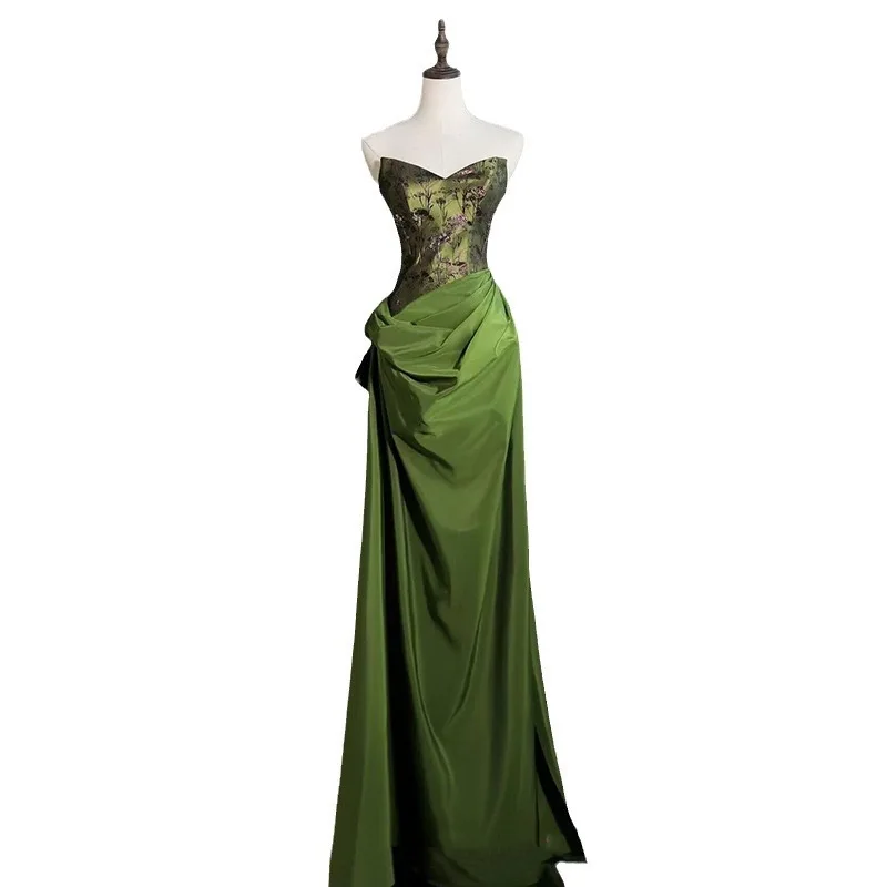 Green new Chinese style morning gown dress toast dress bride engagement dress long tube top