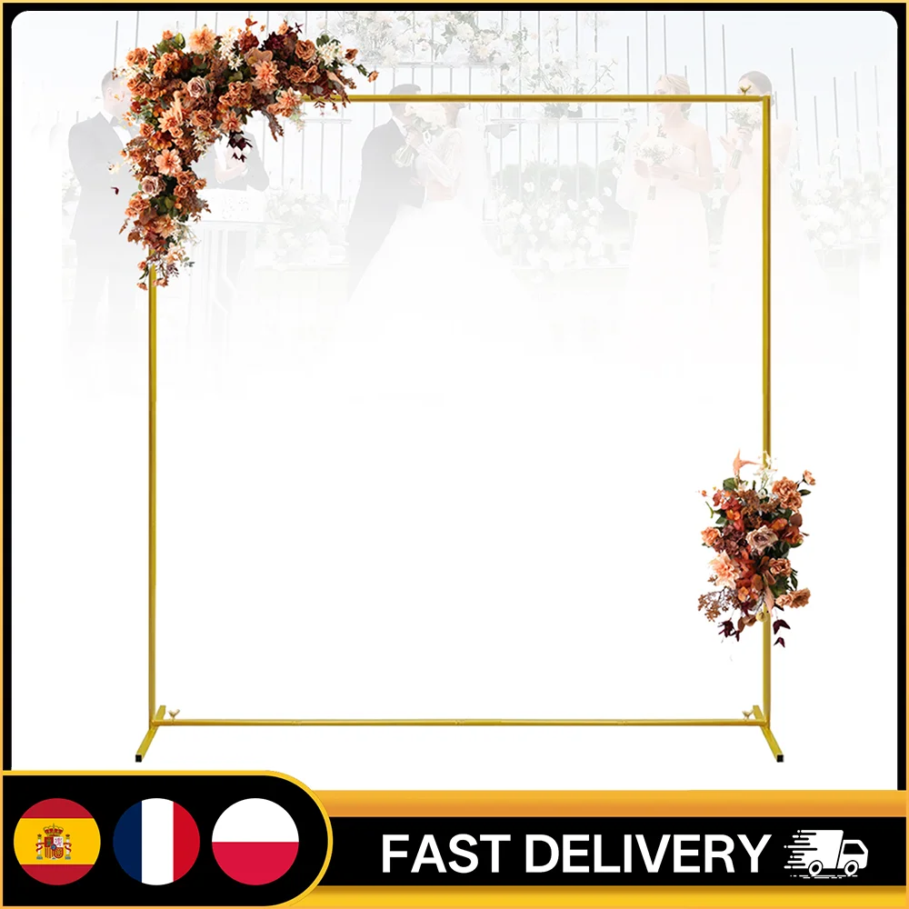Arche de mariage dorée 2m x 2m avec support carré et base, cadre métallique pour ballons, support à fleurs pour cérémonie, décoration de jardin et de fête