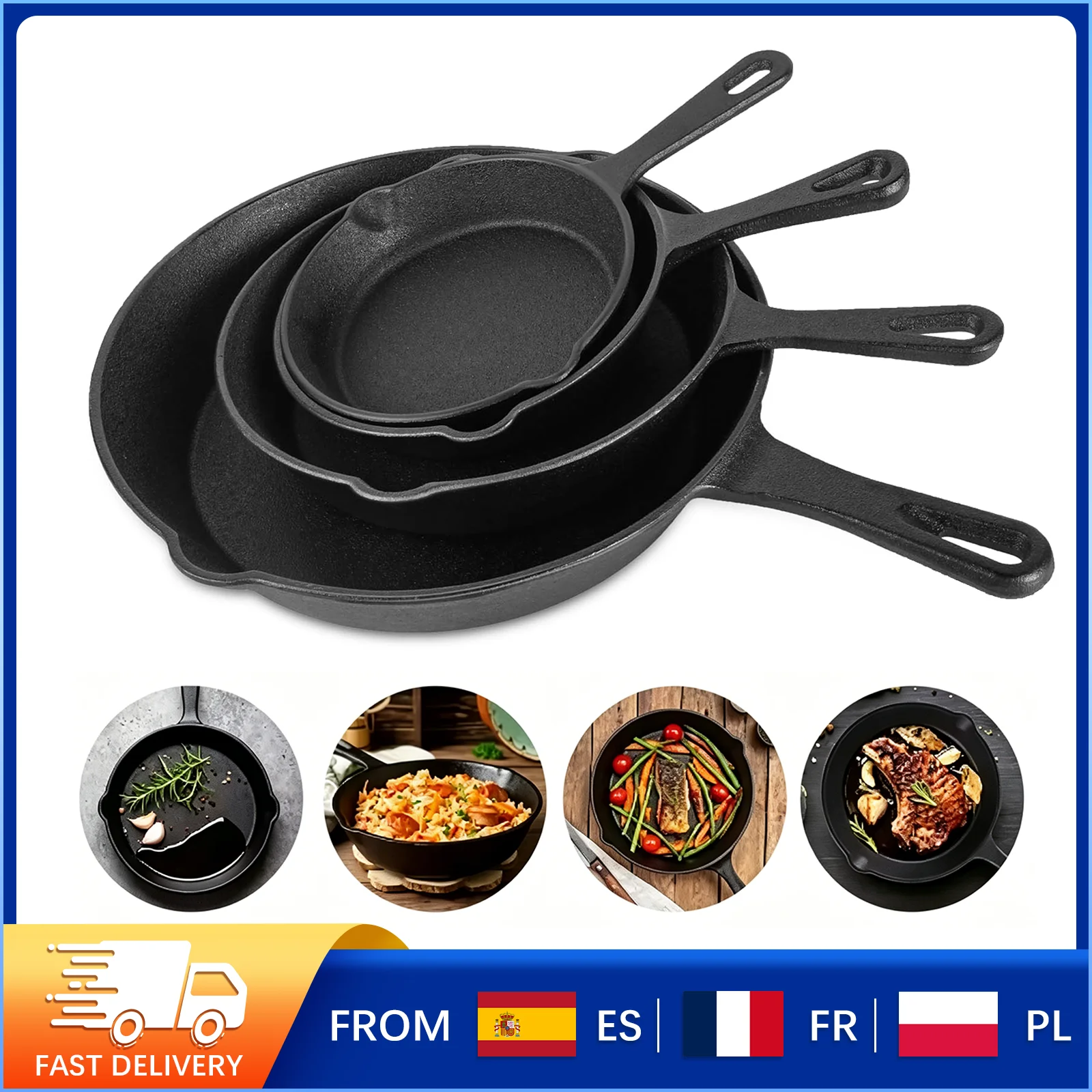Ensemble de poêles en fonte multi-tailles, poêle de cuisson saine non revêtue, rétention de chaleur supérieure, compatible tous feux, poêle robuste et durable pour steak, légumes, barbecue, braisage