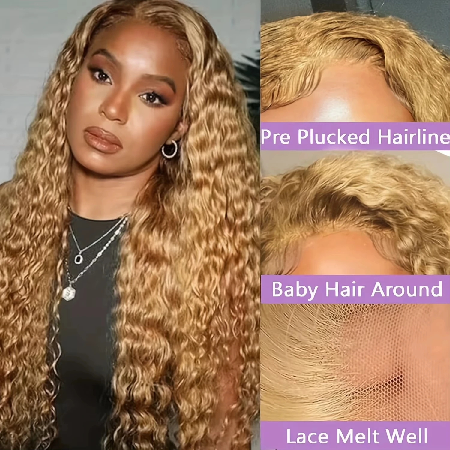 200 Density #27 Honey Blonde Lace Front Wig 30 Inch Deep Wave Frontal Wig Curly Human Hair Wig 13x4 13x6 Colored Human Hair Wigs image 4